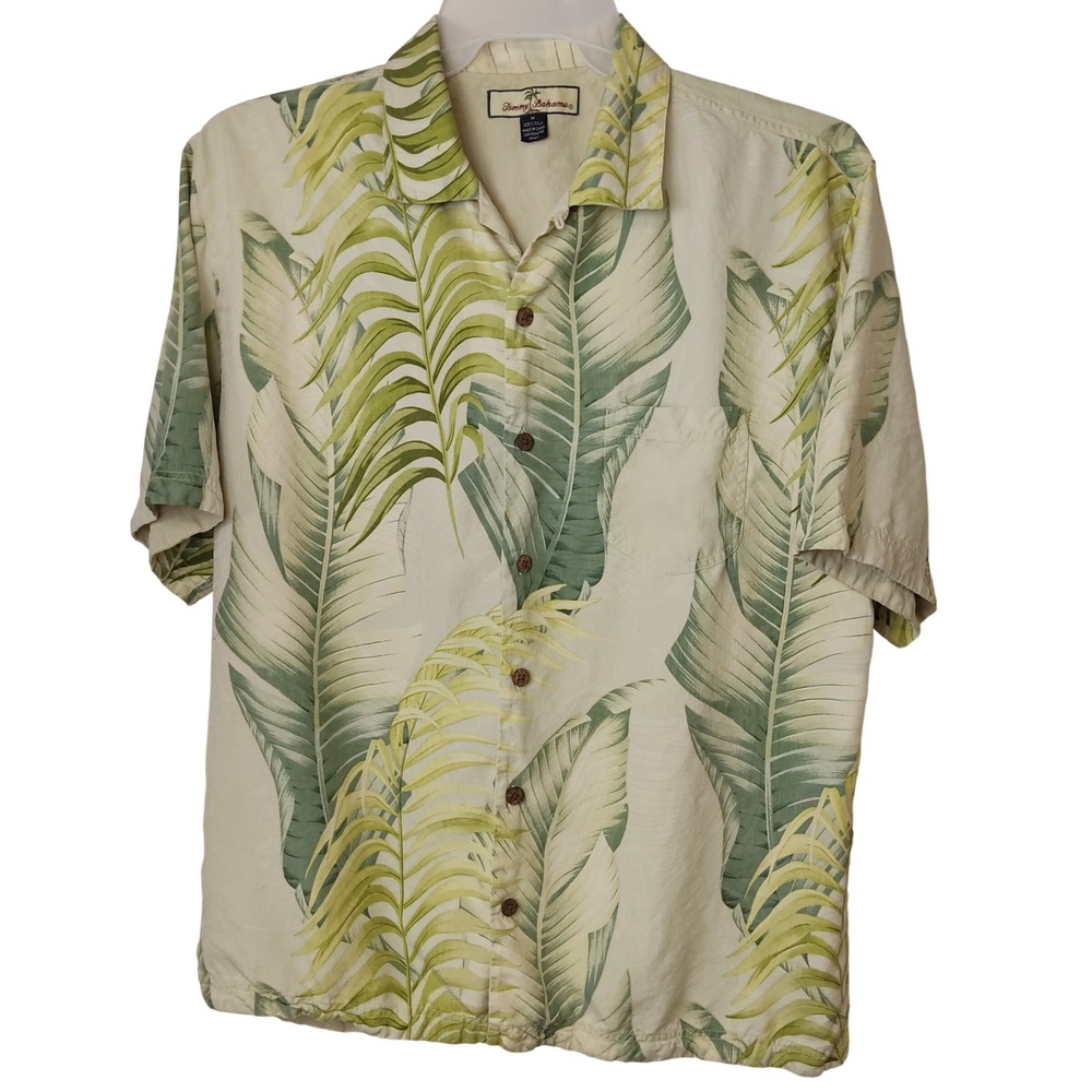 Tommy Bahama Shirt Mens M Beige Palm Leaf Tropical Camp Button‎ Front 100% Silk